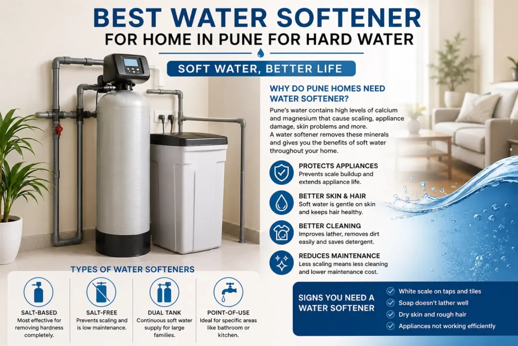 home water softener system in Pune showing benefits like reduced scaling, improved skin and hair, better cleaning, and extended appliance life, along with types of water softeners and signs of hard water
